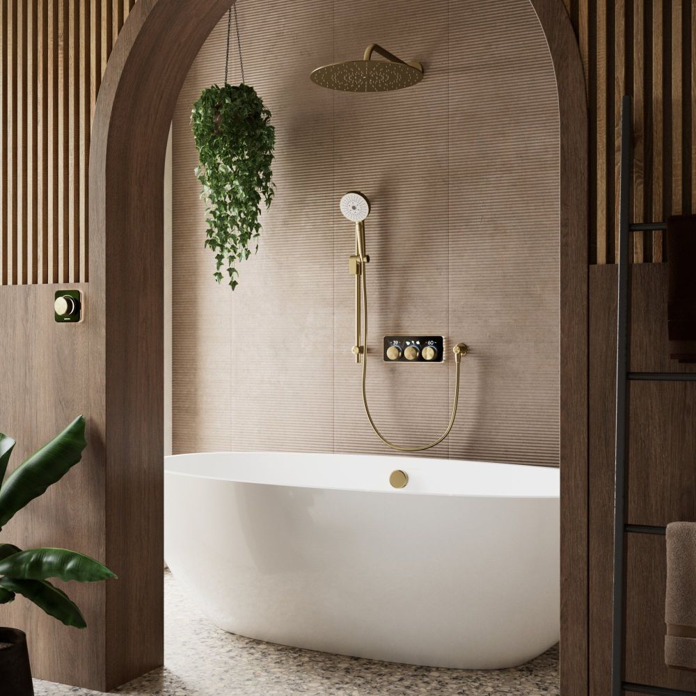Aqualisa S3 Brushed Gold Smart Digital Shower Triple Outlet (Slide Rail Kit with Fixed Wall Head) HP/Combi Displayed in a modern roomset with brown tiles