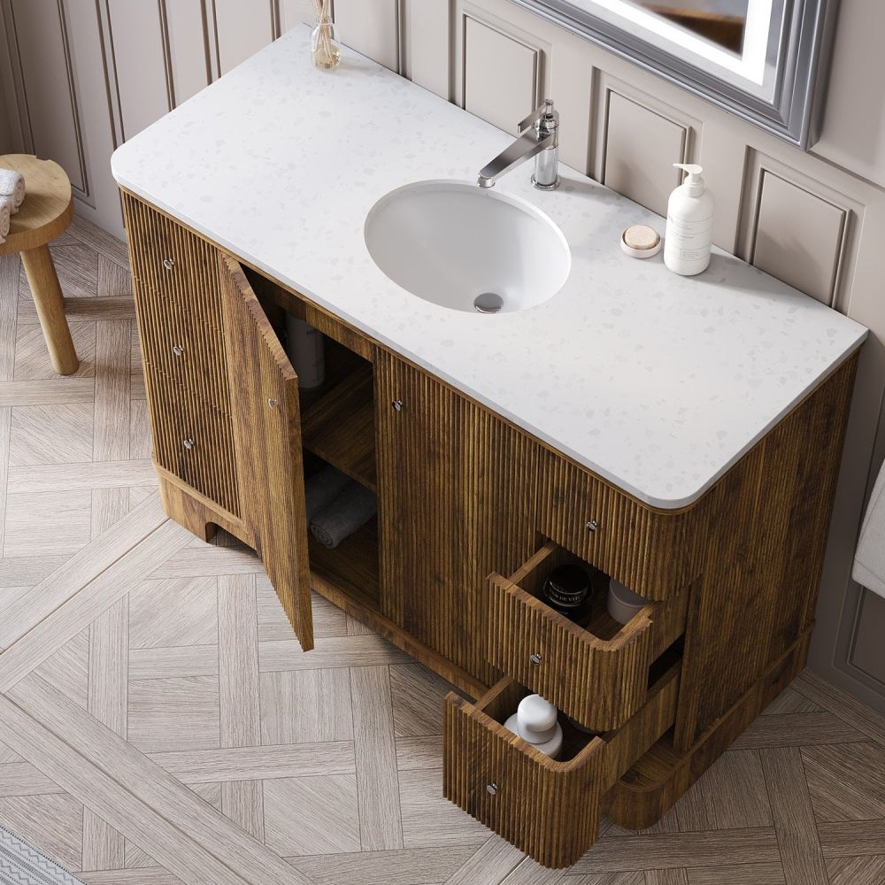 traditional setting showcasing the Hayward Walnut Ribbed Floor Standing Vanity Unit 1200mm open