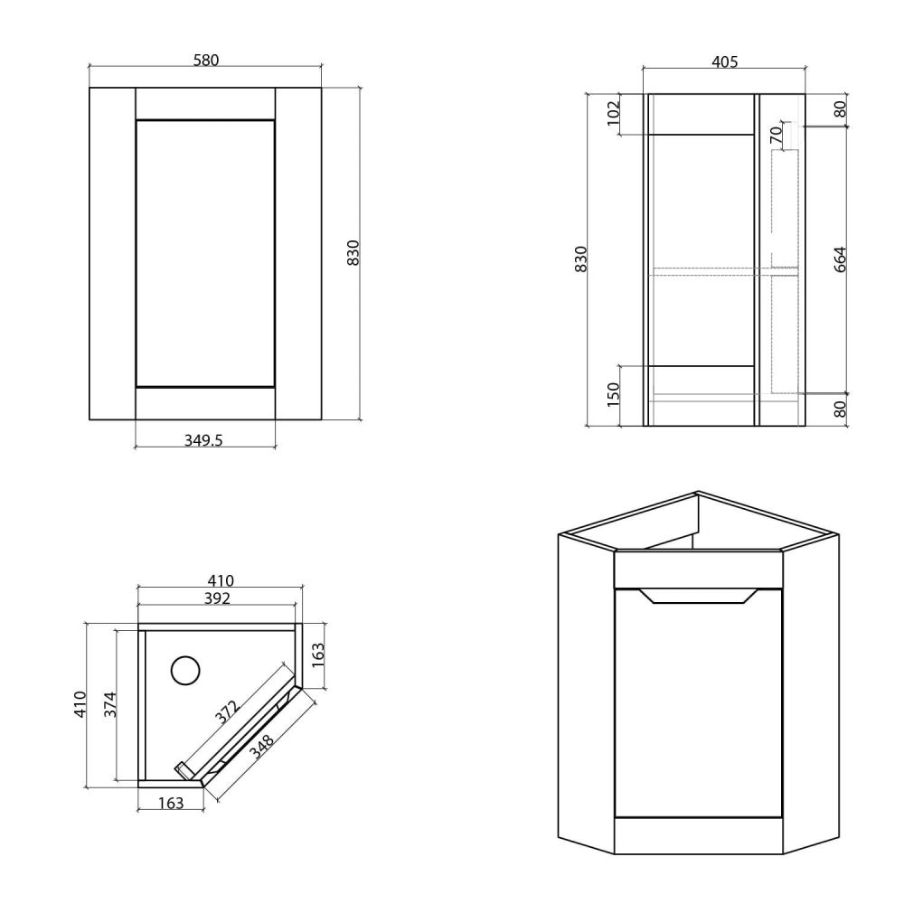 Ellis Black Floor Standing Corner Vanity Unit 410mm dimensions
