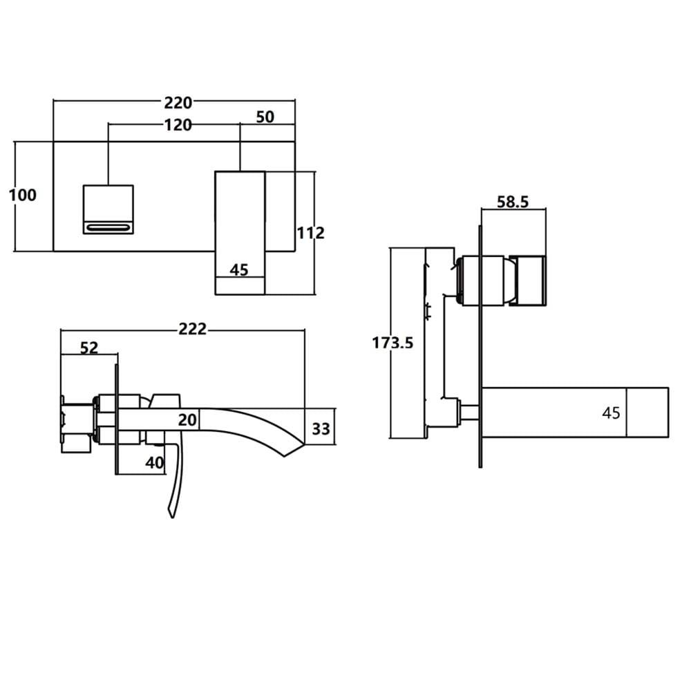 Tear Chrome Wall Mounted Basin Mixer Tap - dimensions