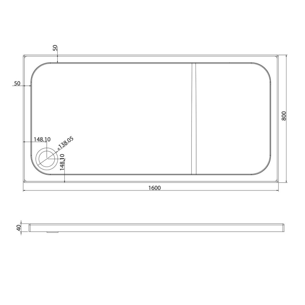 Low Profile Rectangle Shower Tray 1600x800mm Spec Drawing