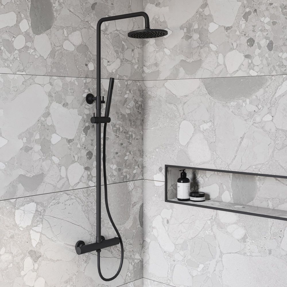 Elora Matt Black Round Thermostatic Shower Pack Room Set