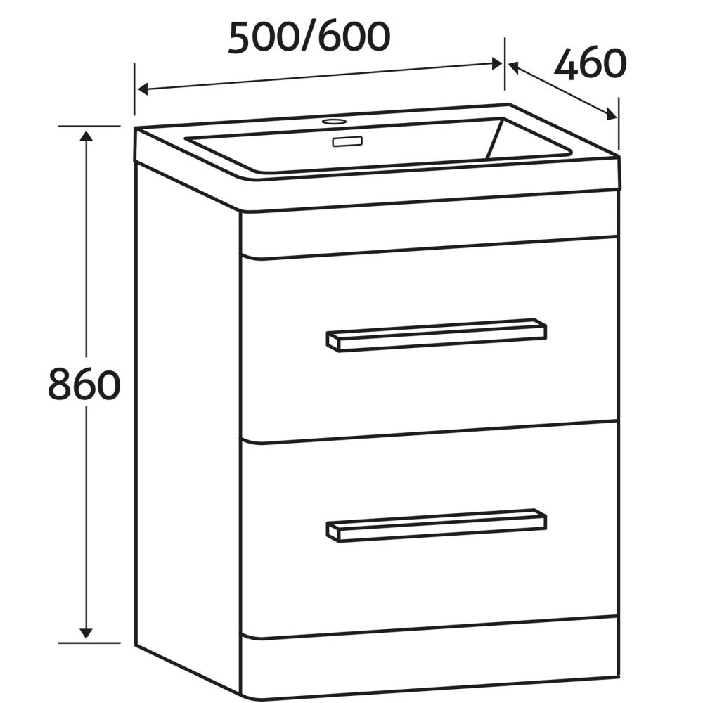 Esk White Floor Standing Vanity Unit and Basin with Brushed Nickel Handles 600mm dimensions