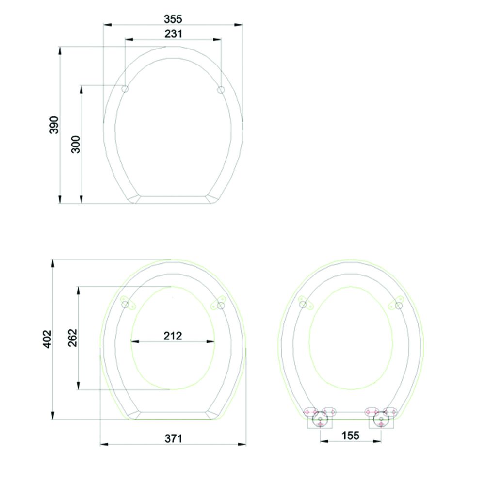 Technical drawing of a black toilet seat with chrome hinges, showing dimensions