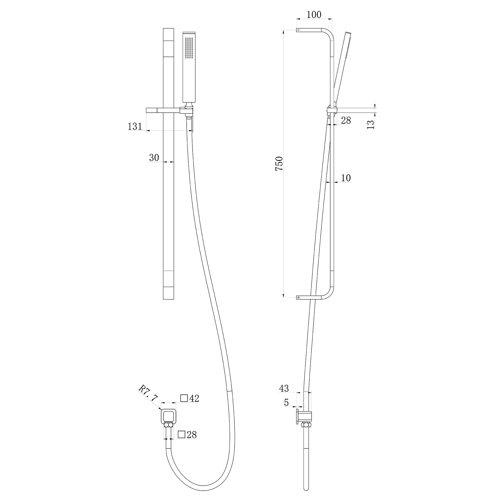 Technical drawing of a brushed bronze square slide rail kit