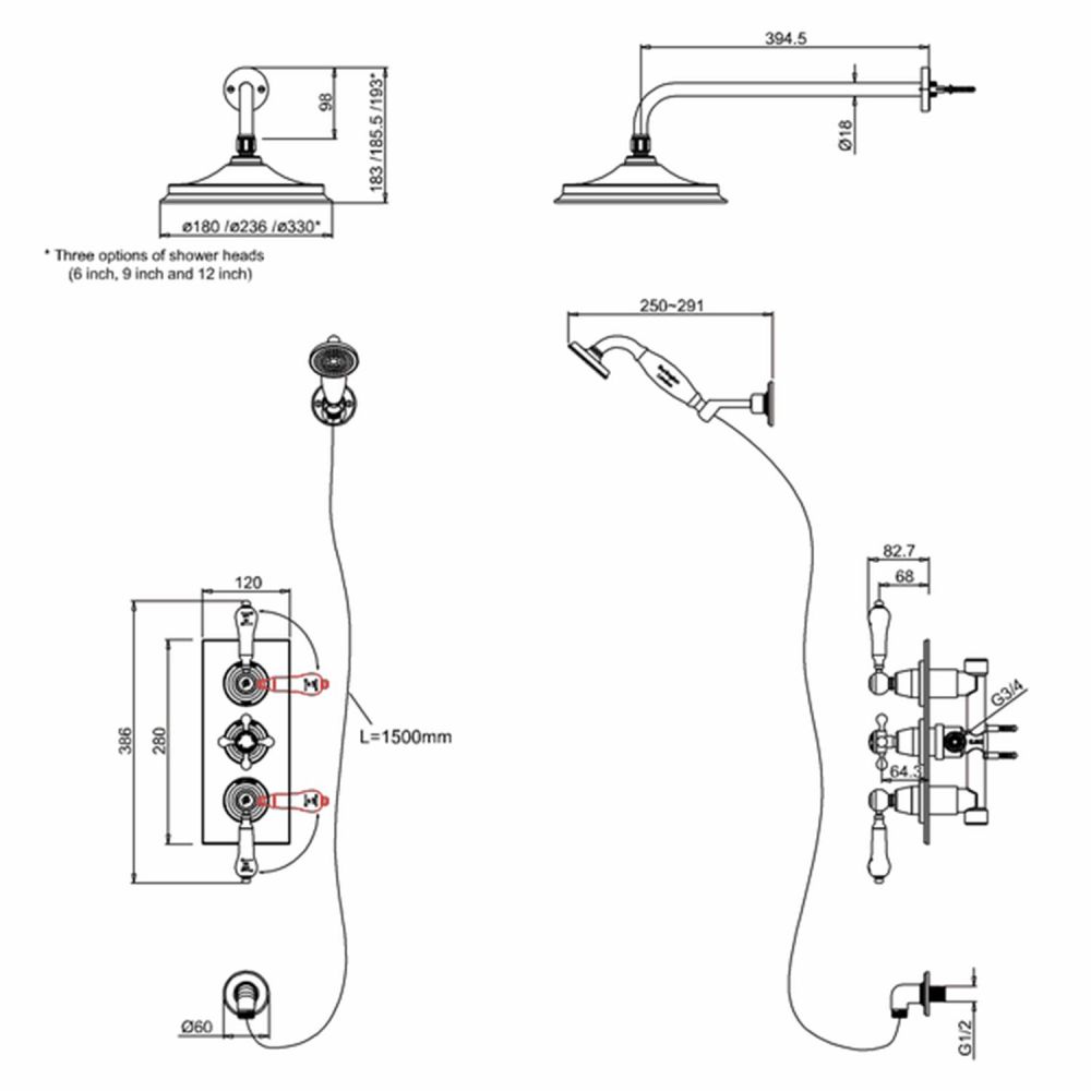 Burlington Trent Chrome Thermostatic Dual Outlet Concealed Shower Valve , Fixed Shower Arm, Handset & Holder with Hose with Rose Spec