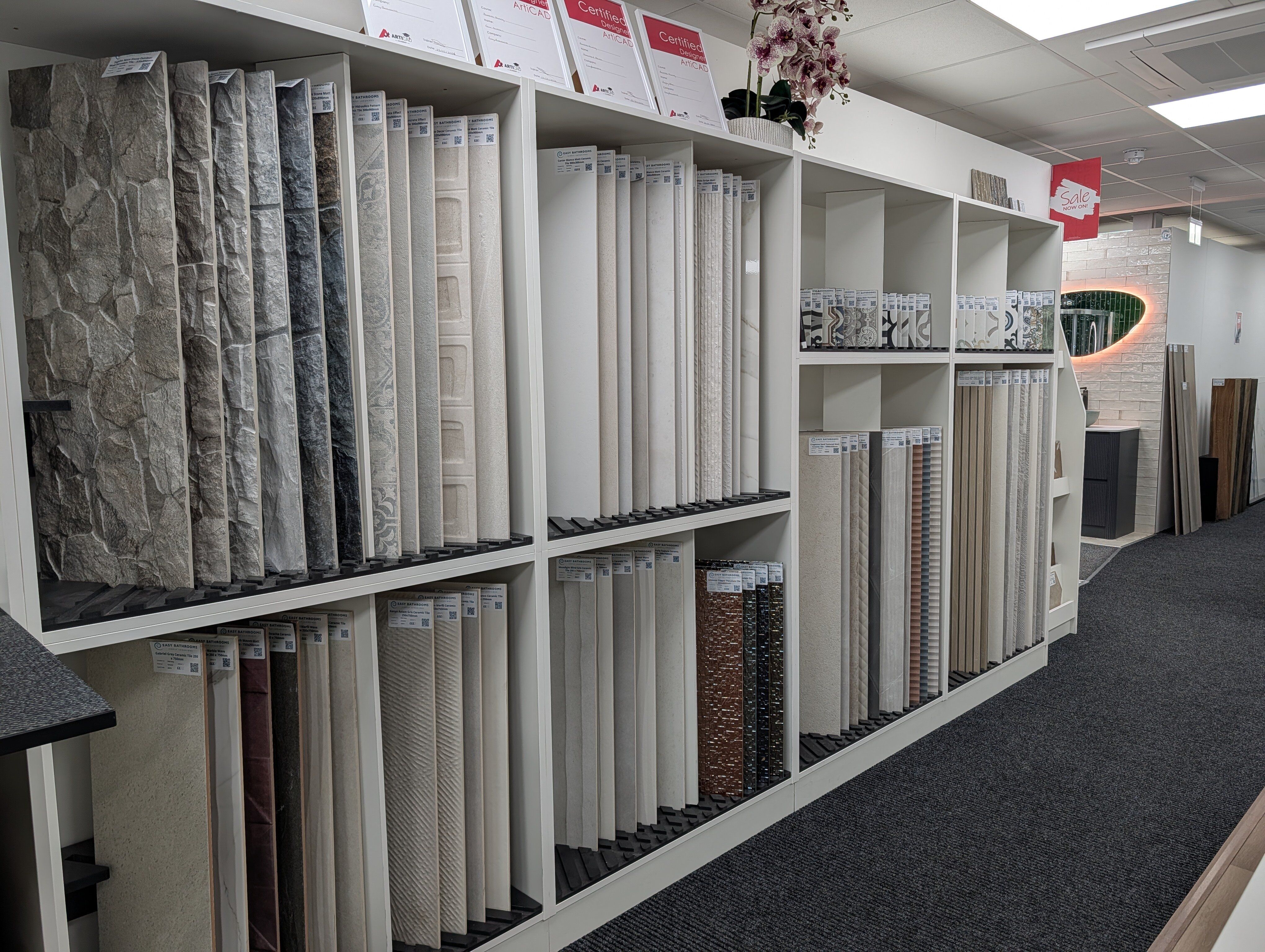Portsmouth tile studio showcasing a large selection of bathroom tiles in different colours and finishes.