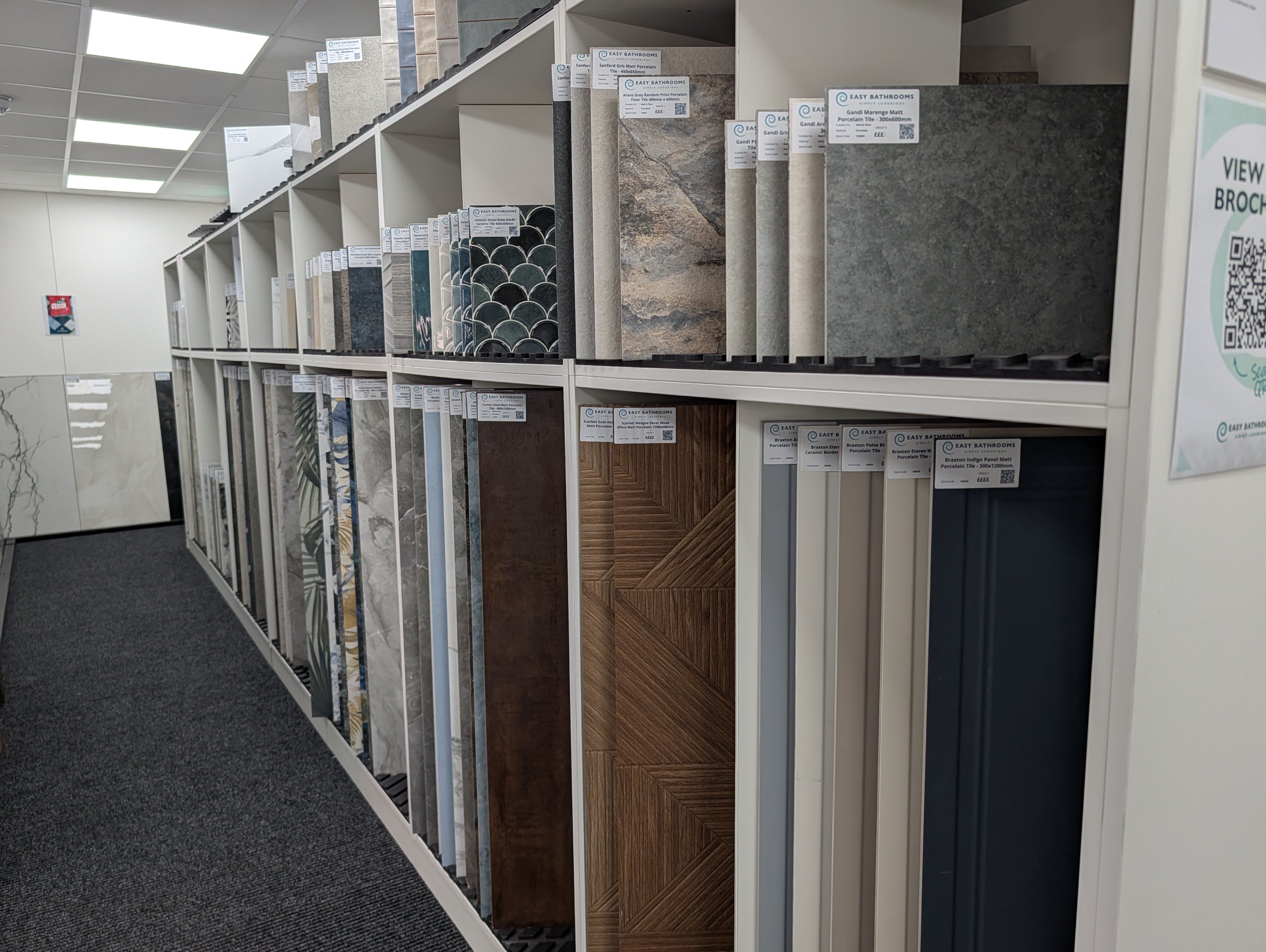 Rows of tile samples in the dedicated tile studio at Easy Bathrooms Portsmouth.