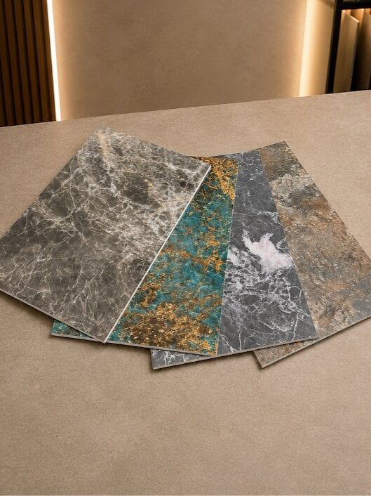 Variety of PVC bathroom wall panels in marble and stone effects