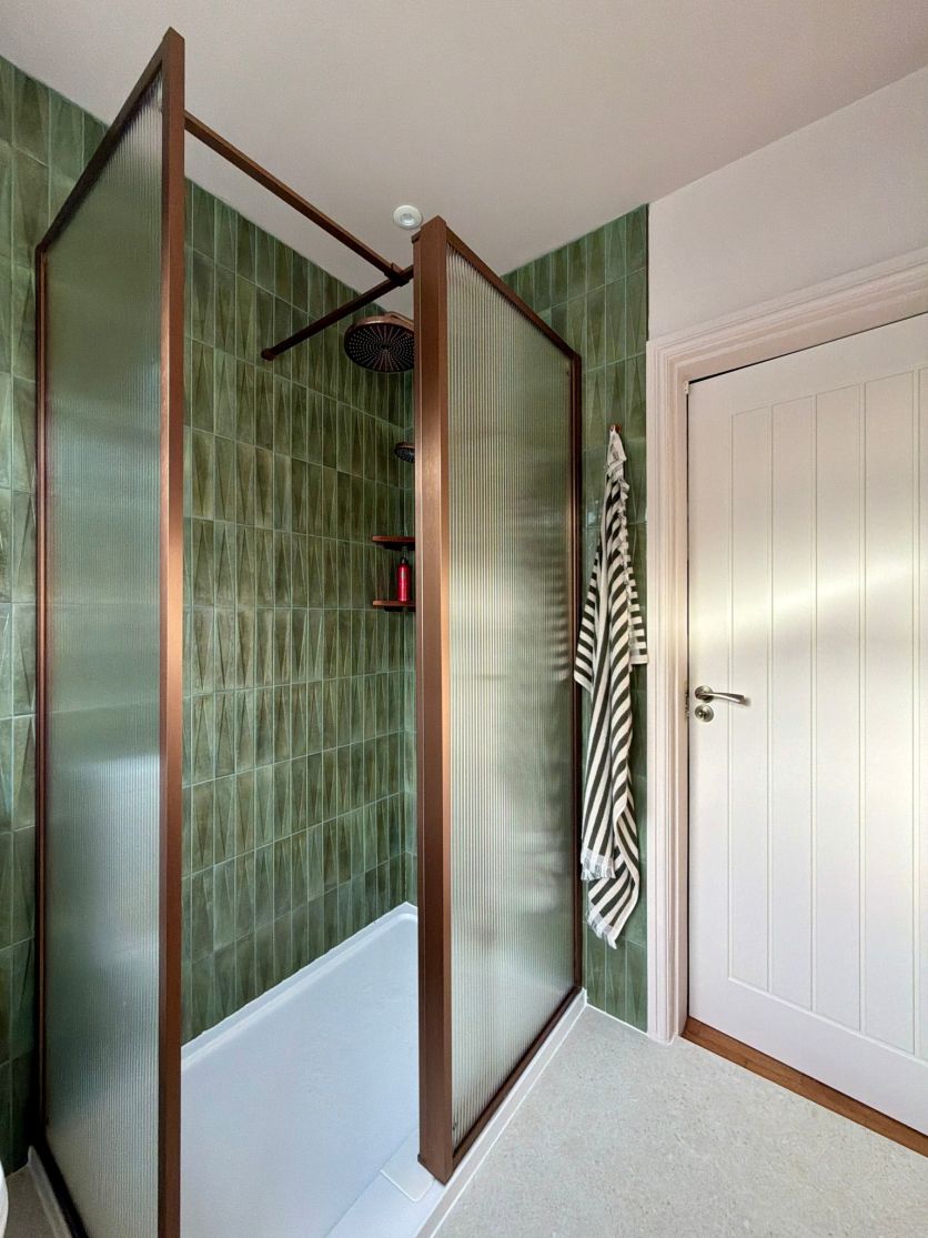 Modern Green Shower Room with Bronze Accents