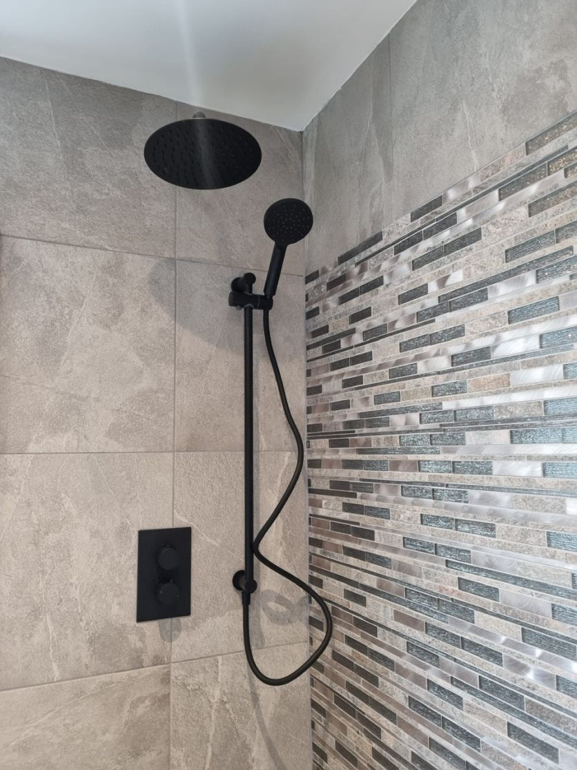 Zena Black Round Double Outlet Valve with Slide Rail Kit, Shower Head and Arm