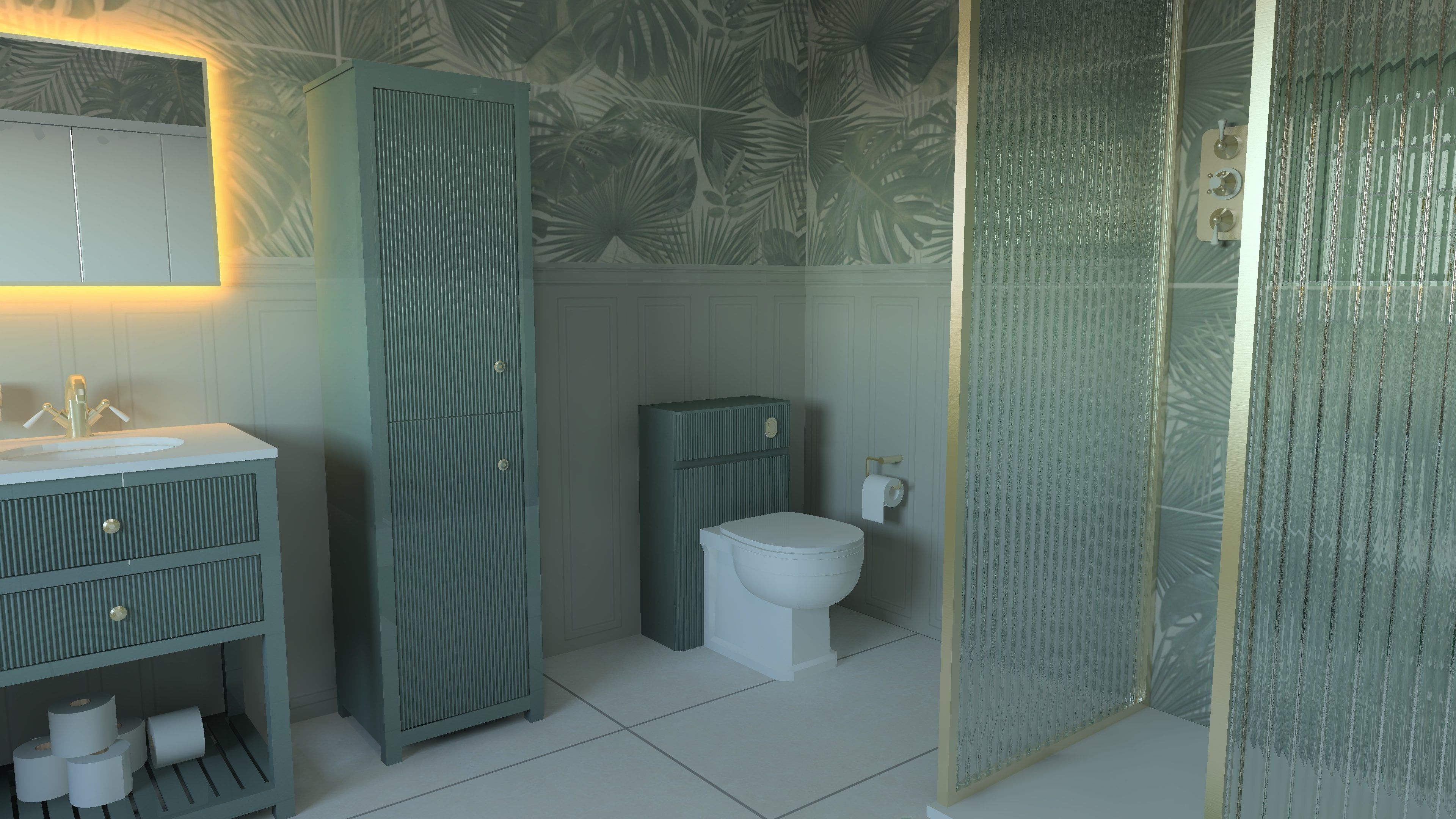 3D bathroom design showing a shower enclosure, toilet and dark bathroom furniture.