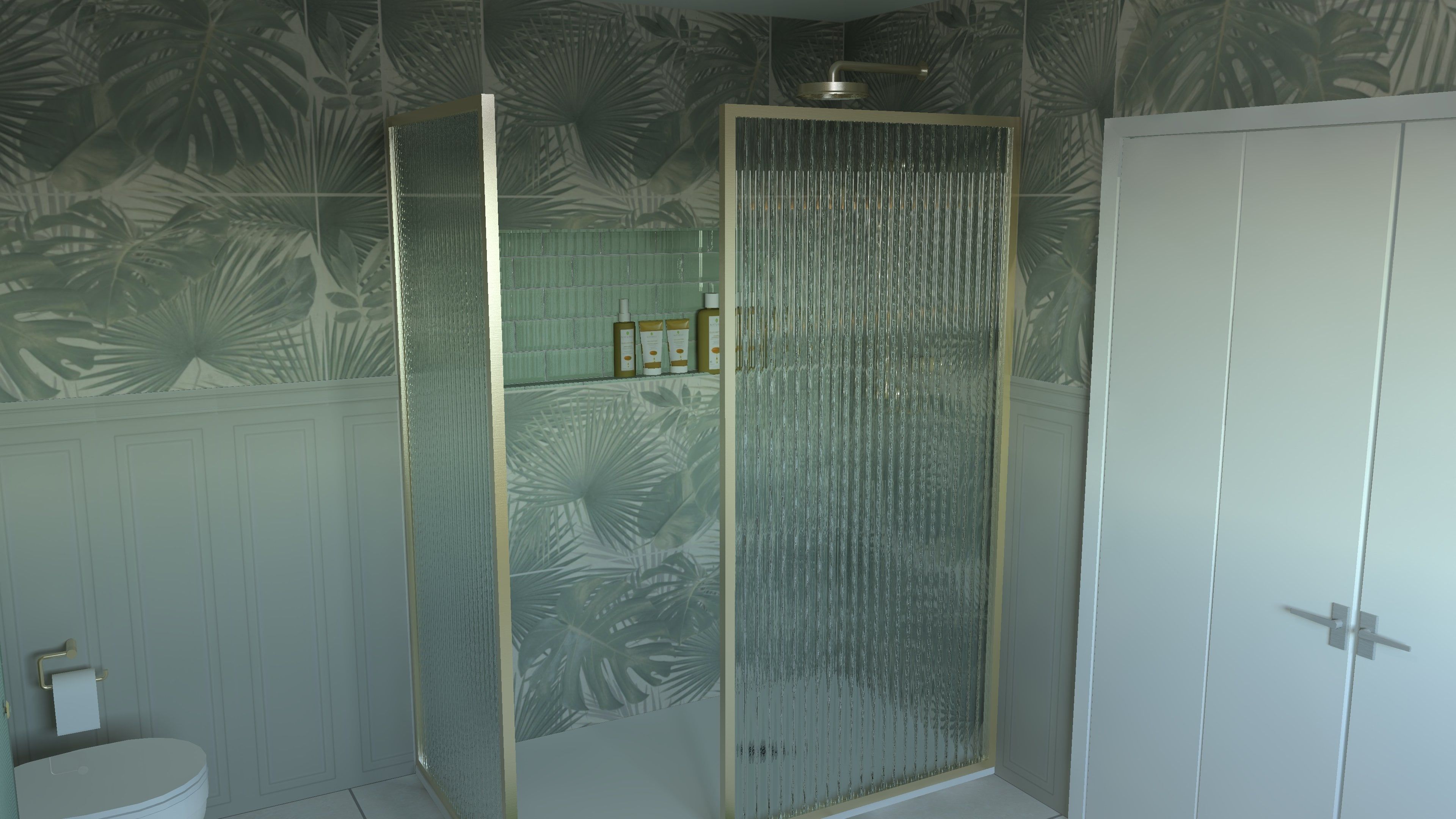 3D bathroom design showing a walk-in shower with glass enclosure and modern dark finishes.