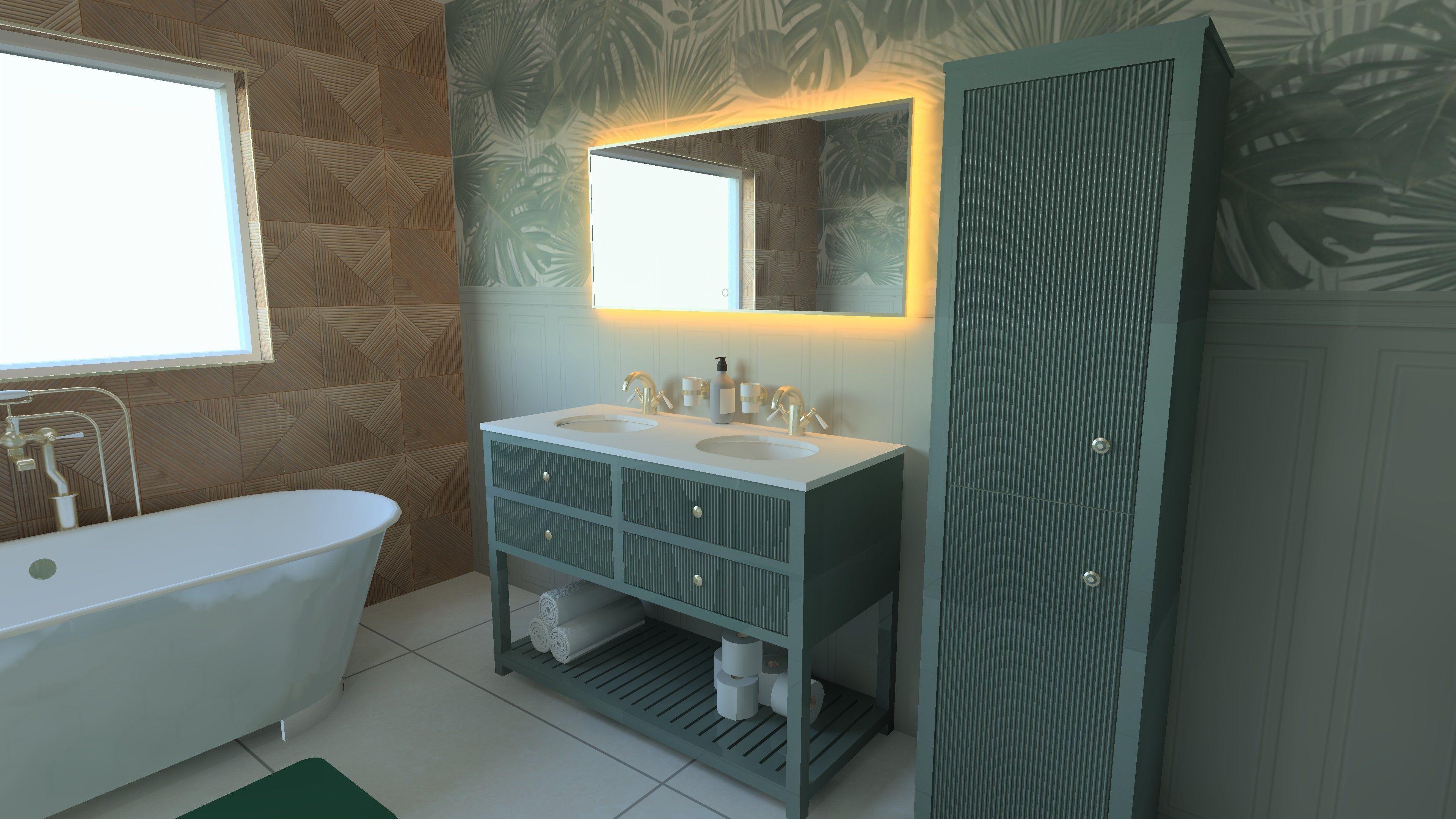 3D bathroom design featuring a dark vanity unit, illuminated mirror, bath and modern neutral finishes.