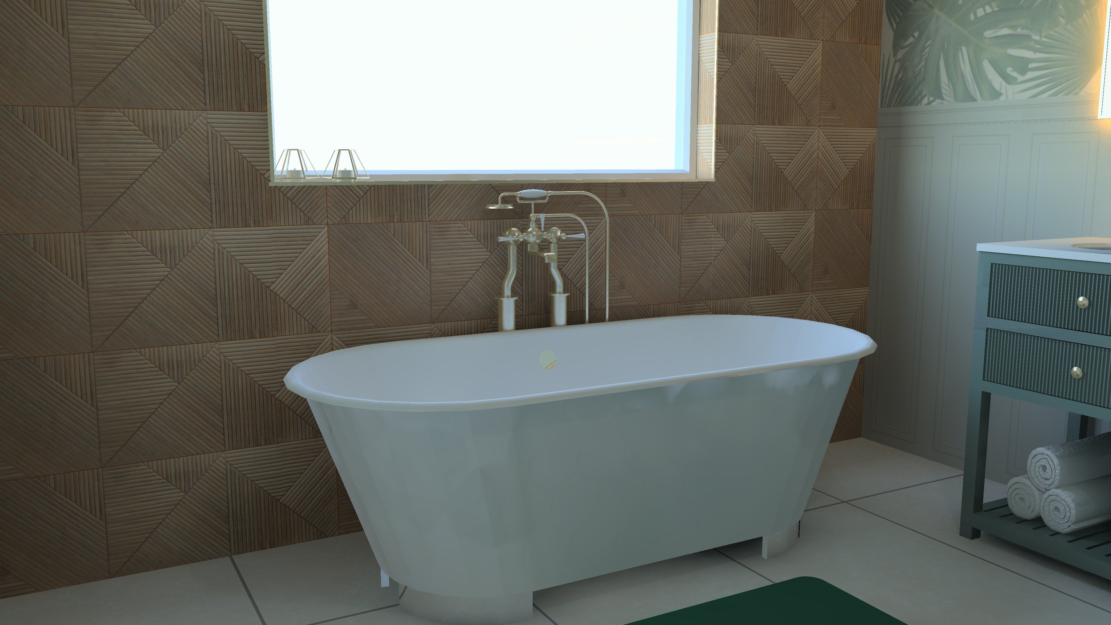 3D bathroom design featuring a freestanding bath, window and dark vanity unit.