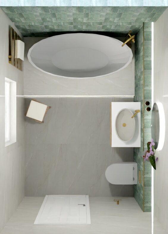 3D bathroom design featuring a freestanding bath, vanity unit and layered green wall tiles.