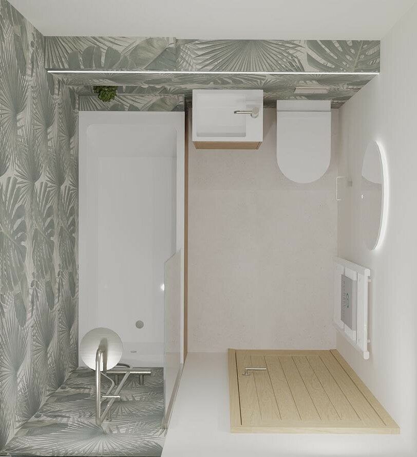 Overhead 3D bathroom design showing the planned layout with bath, toilet, basin and shower area.