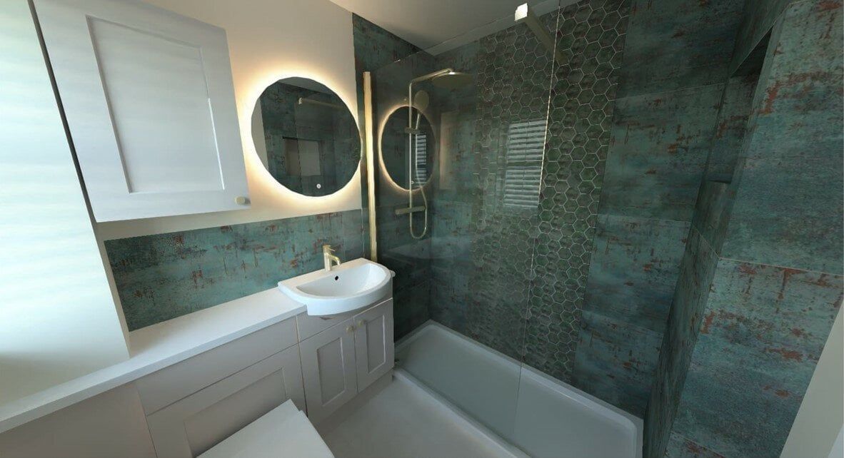 3D Bathroom CAD design of a teal marble bathroom and LED mirror created by Easy Bathrooms Norwich