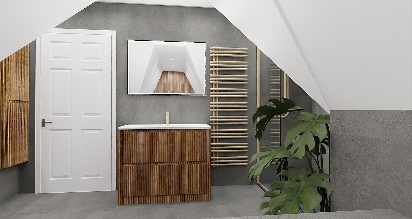 3D bathroom design featuring a ribbed wood-effect vanity unit, illuminated mirror, heated towel rail and grey wall tiles