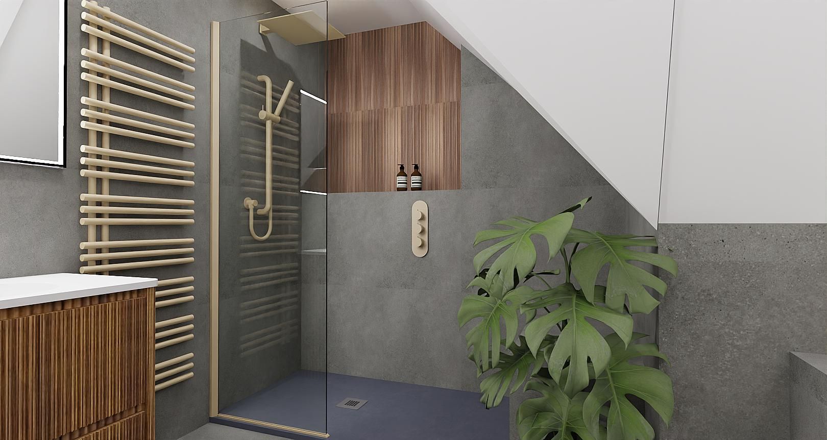 3D view of a walk-in shower with brushed gold fittings, wood-effect panels, grey tiles and a large green plant.