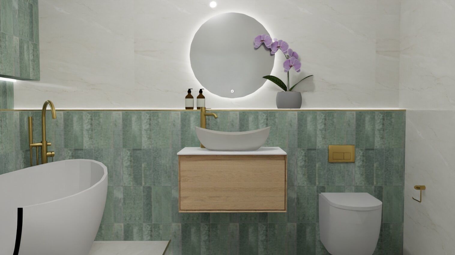 3D bathroom design showing a wood-effect vanity unit, round mirror, toilet and green feature tiles.