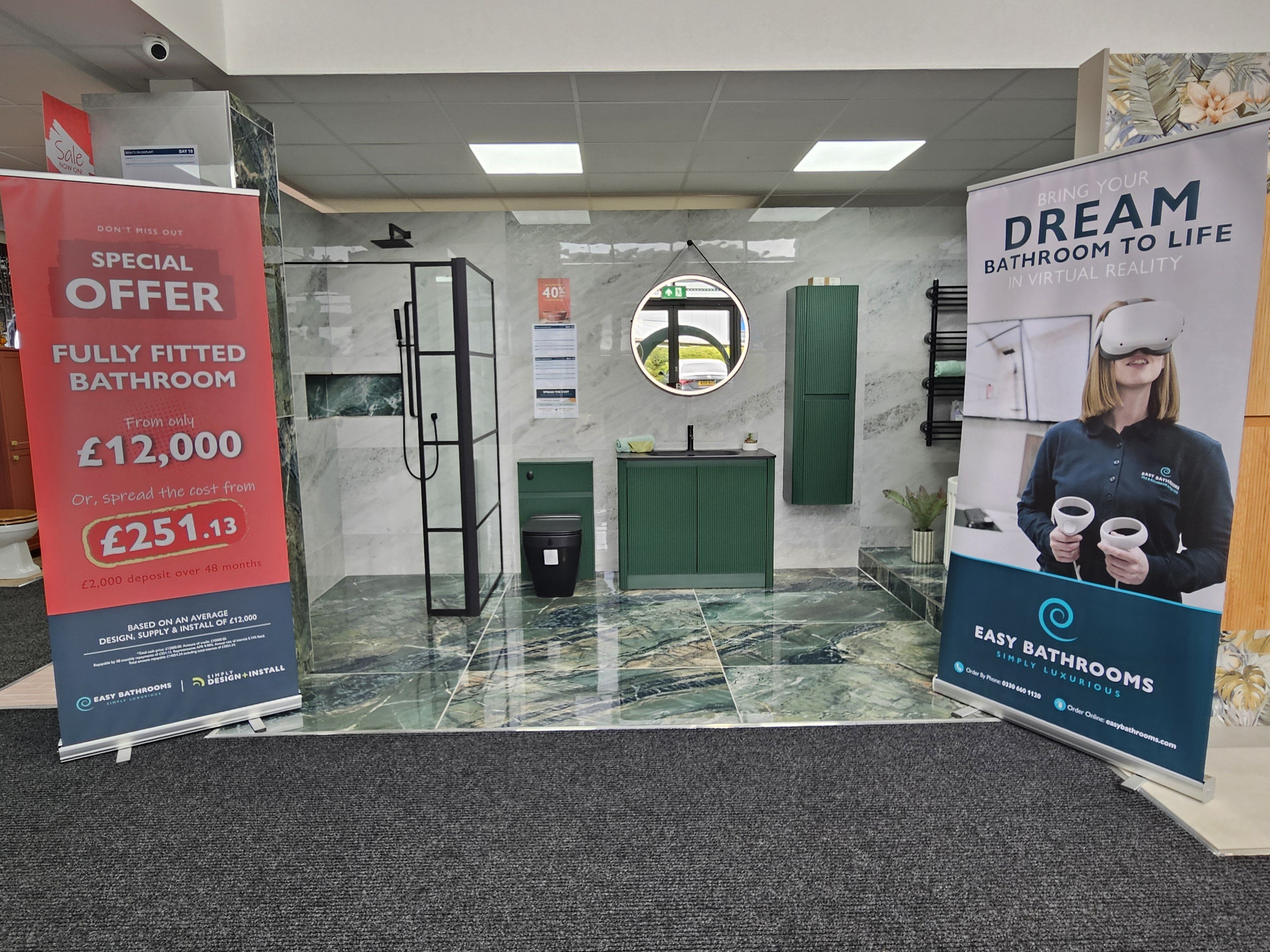 Simply Install promotional banners at the entrance to the Easy Bathrooms Shrewsbury showroom.
