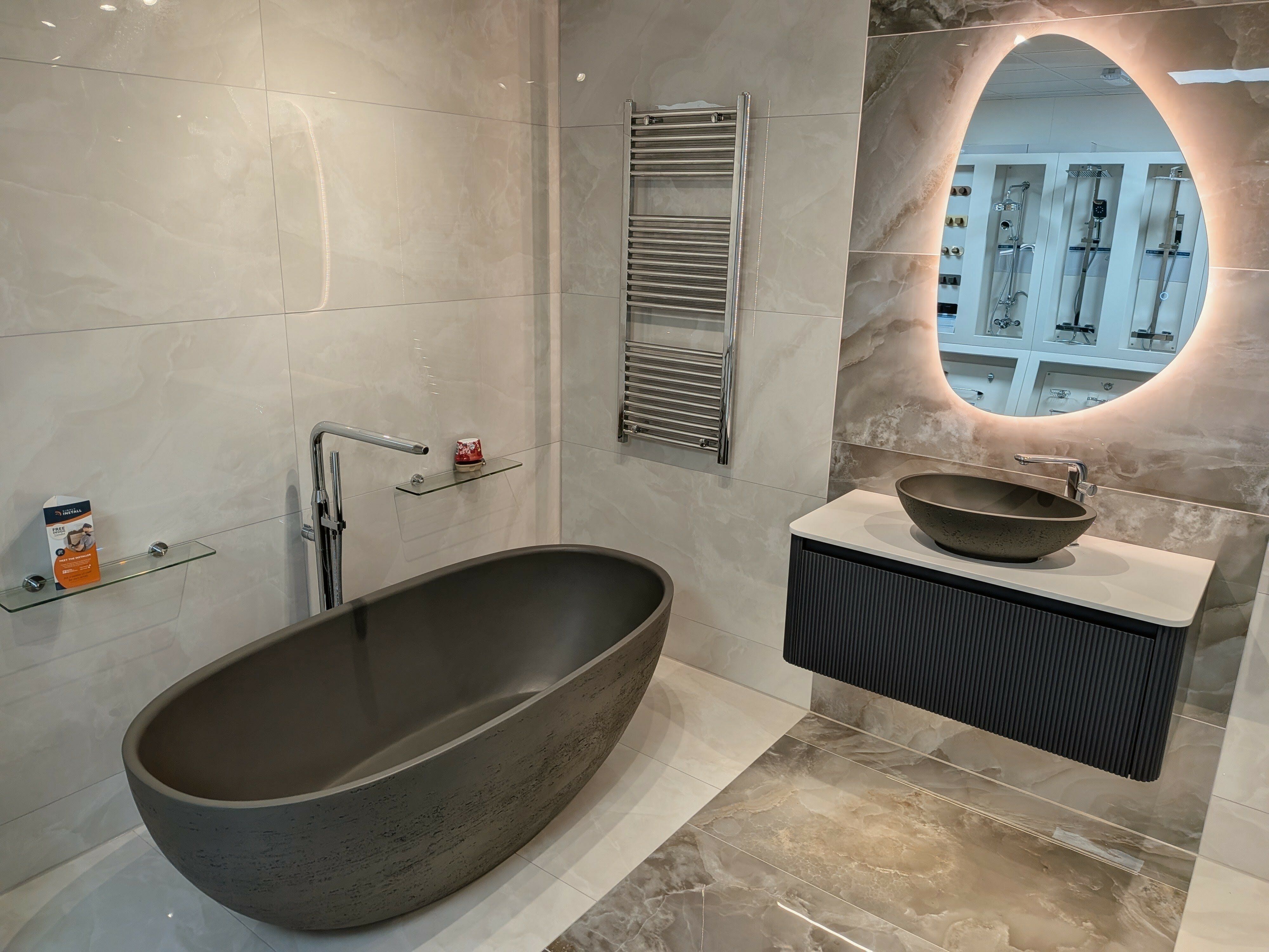 Bathroom display featuring modern concrete furniture at Easy Bathrooms Rayleigh