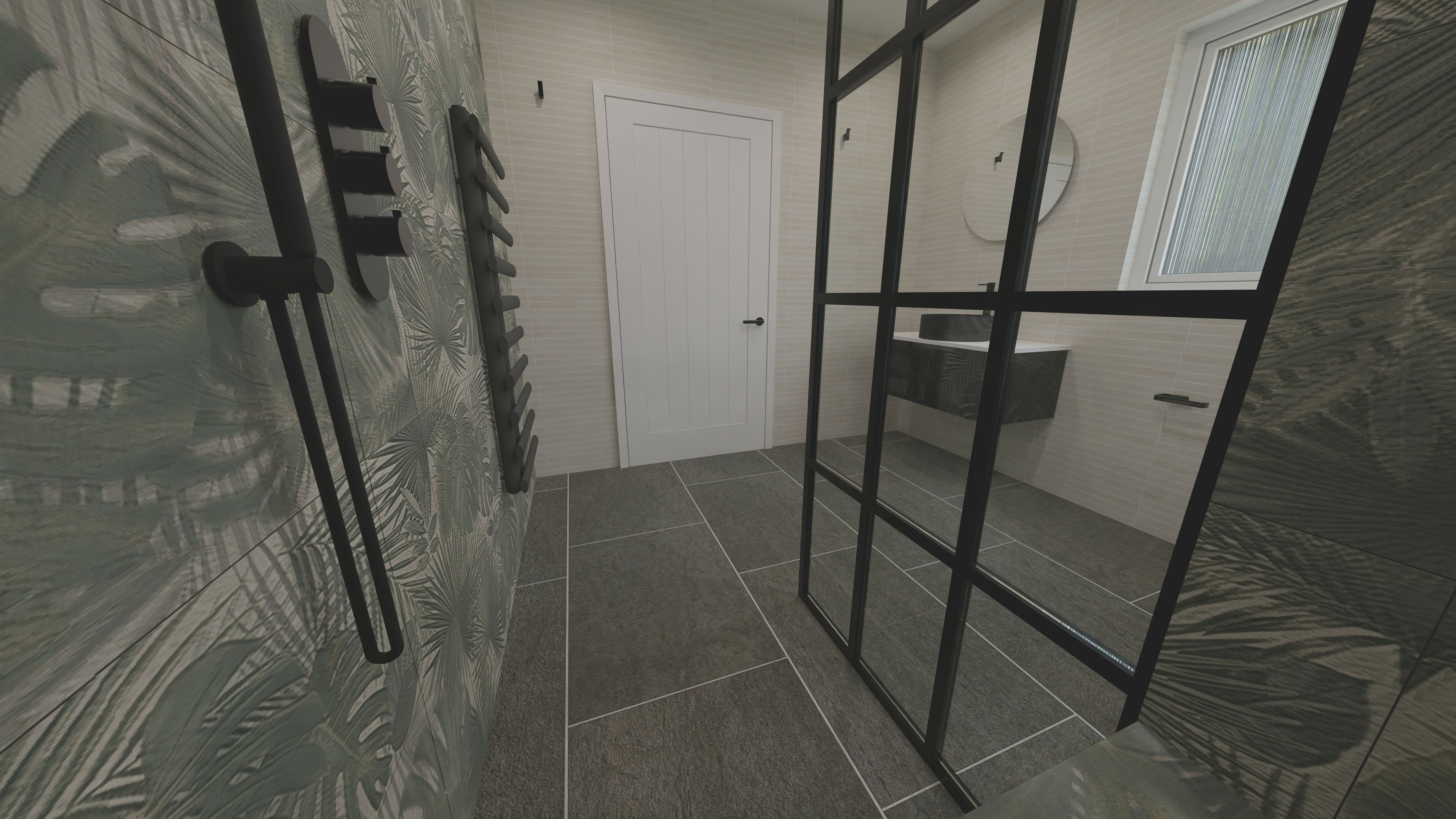Close-up of the walk-in shower enclosure in an accessible Lincoln bathroom.