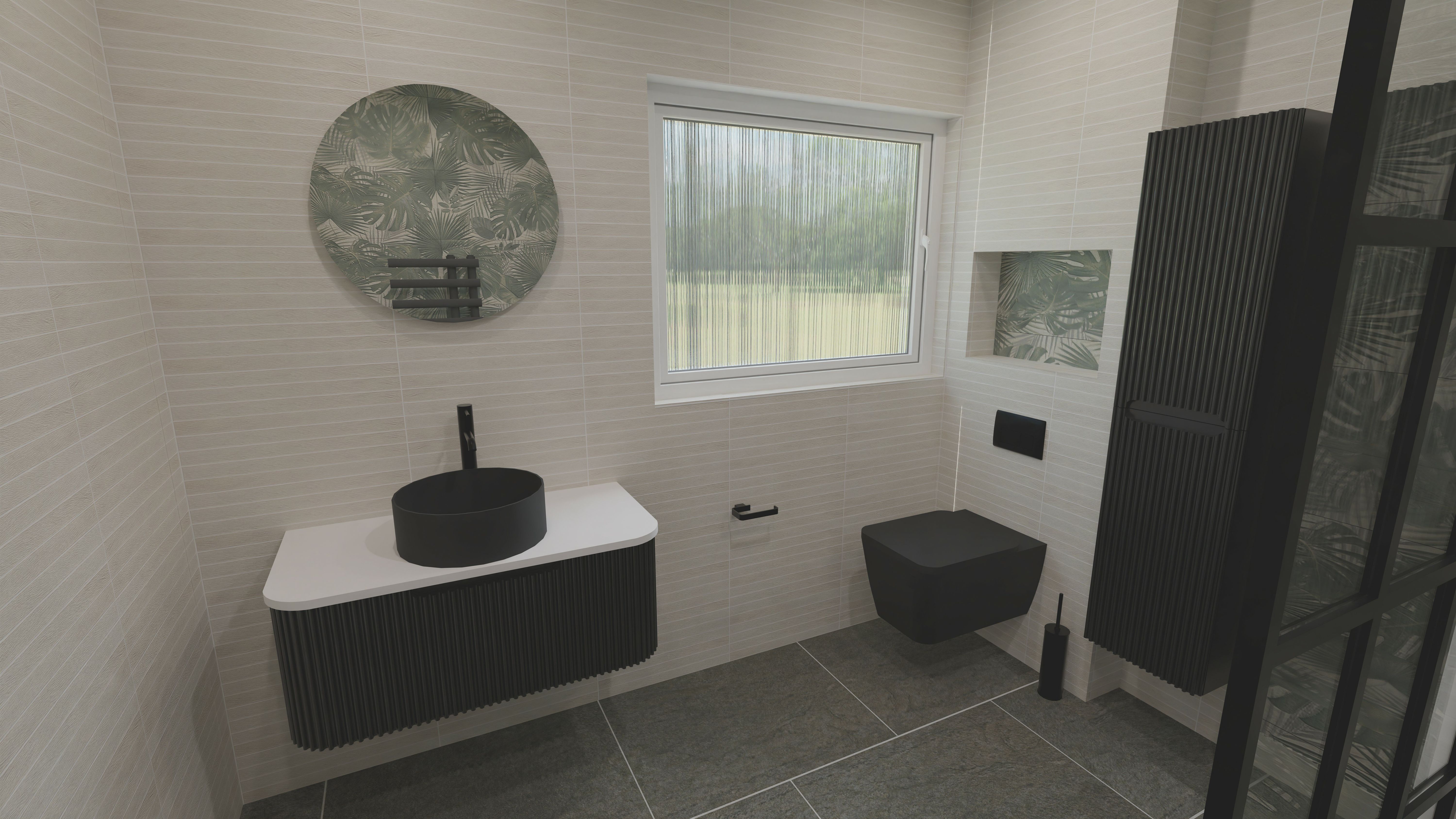 Accessible bathroom design featuring a wall-hung vanity and open floor space for easier movement.