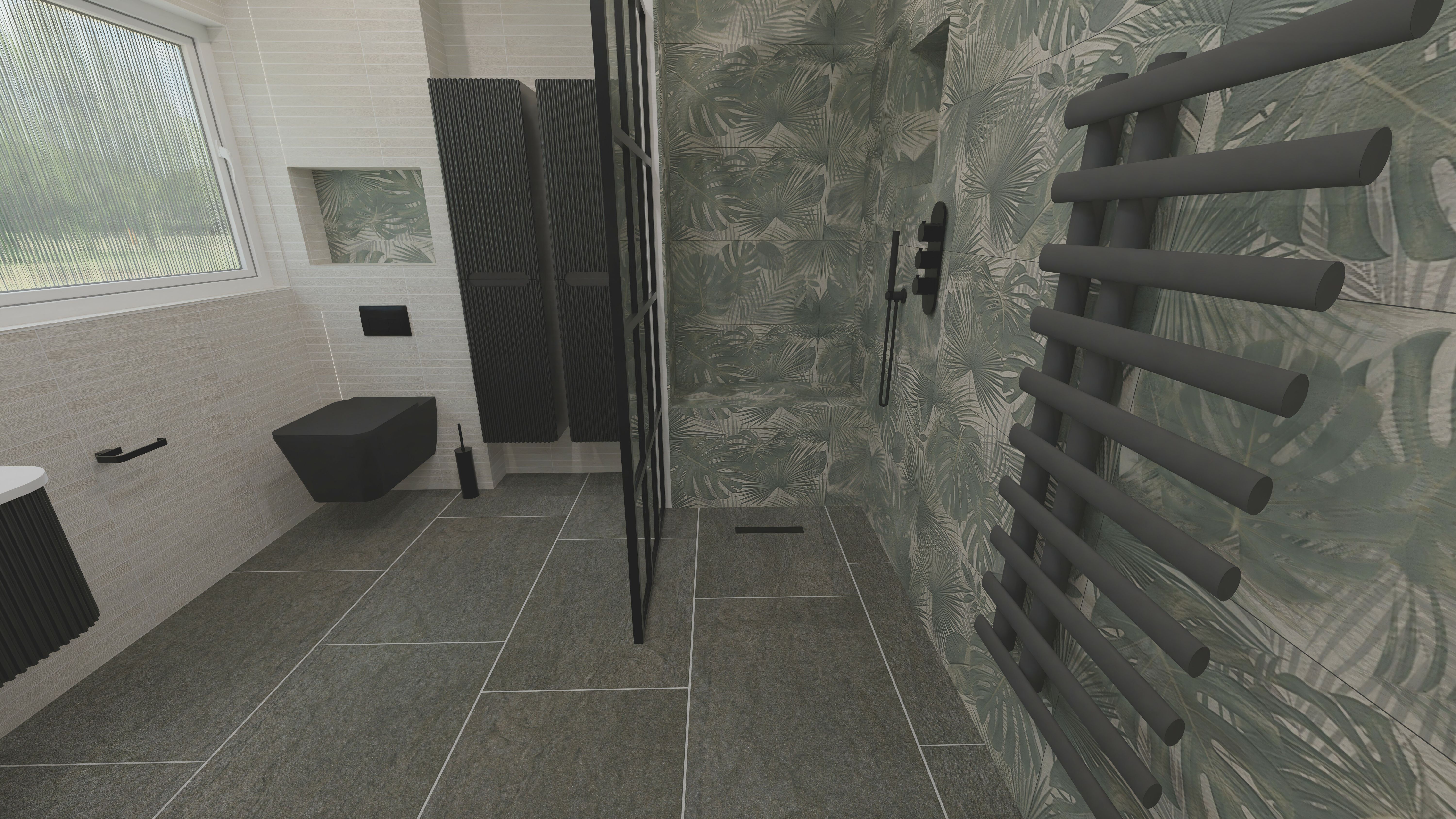 Accessible bathroom layout with grey floor tiles, wall-mounted furniture and walk-in shower.