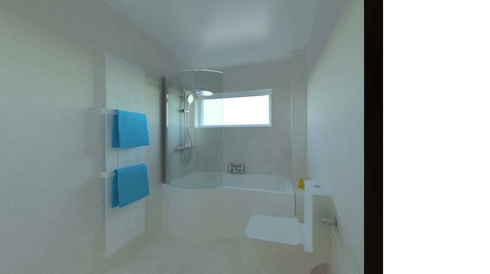 3D bathroom design showing a narrow layout with white bathroom furniture and blue wall features.
