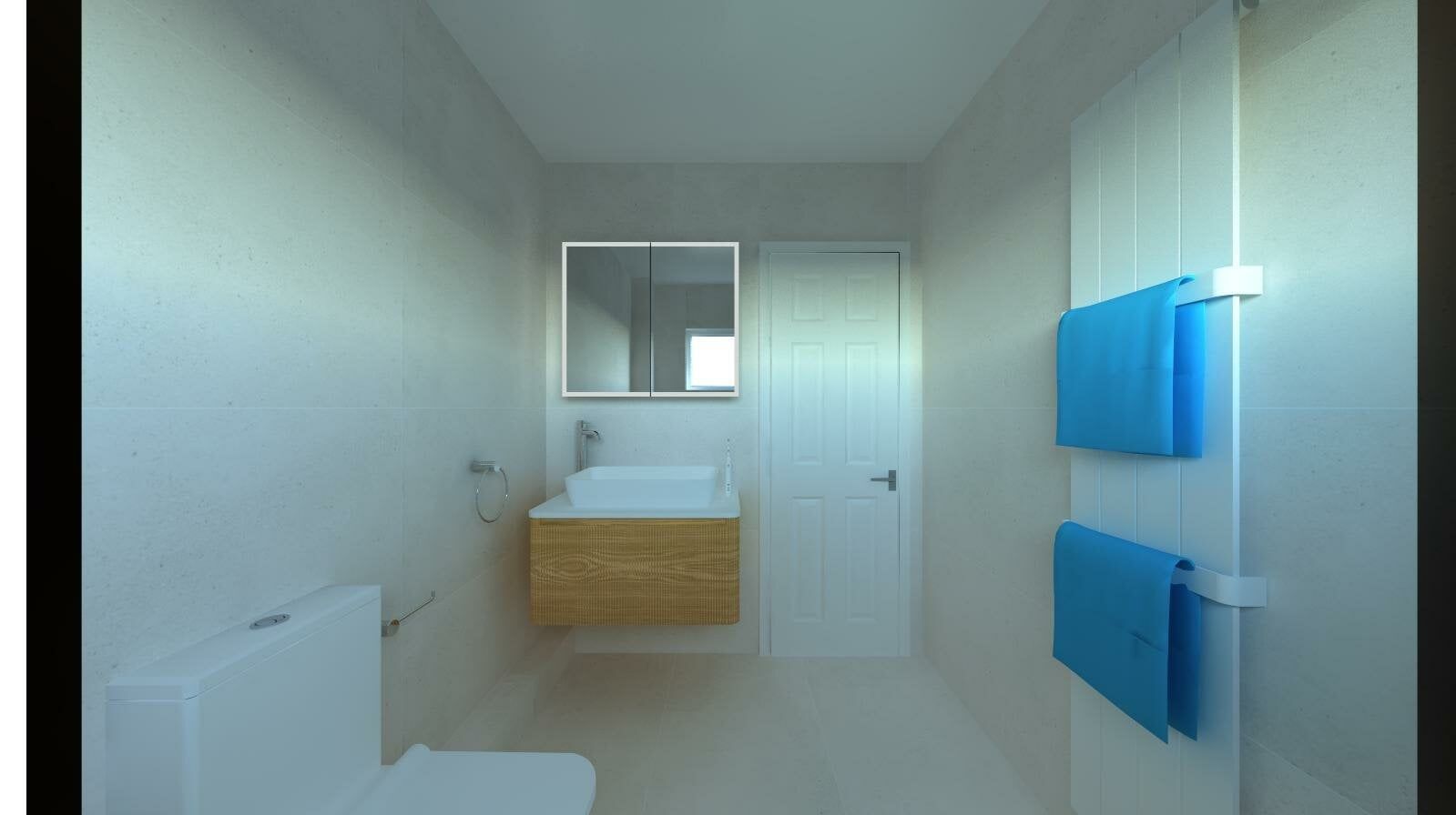 3D view of the proposed bathroom with a vanity unit, mirror and blue feature panels.