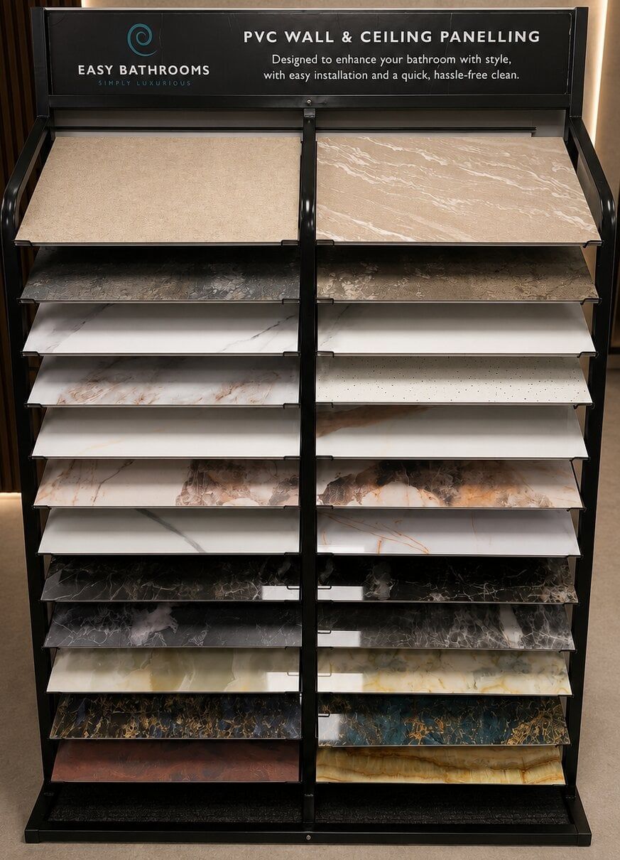 Display rack of various PVC bathroom wall panels