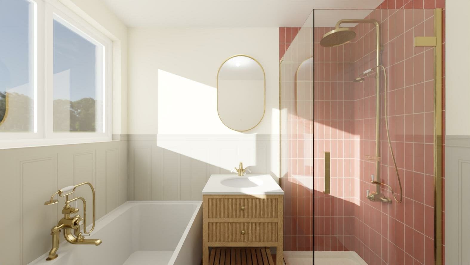3D bathroom concept from Easy Bathrooms Lakeside, Thurrock featuring Braxton tiles, brushed brass fittings, ribbed wood-effect furniture and soft neutral finishes.