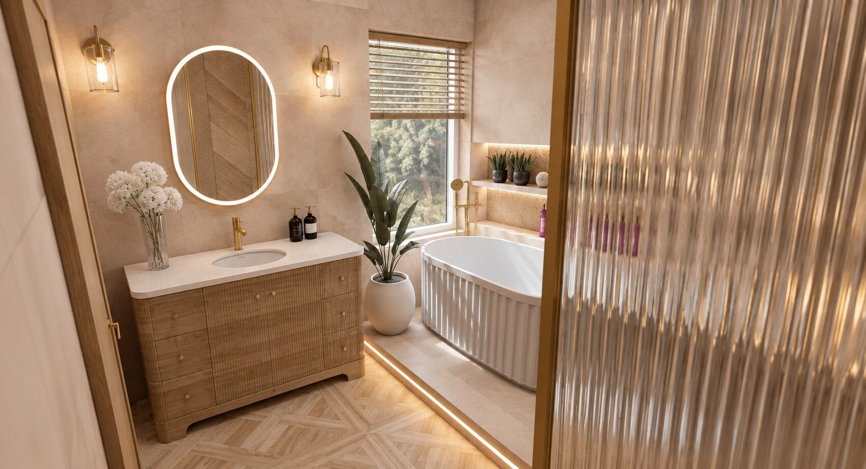 3D bathroom design showing a natural oak vanity, round mirror and warm neutral finishes.