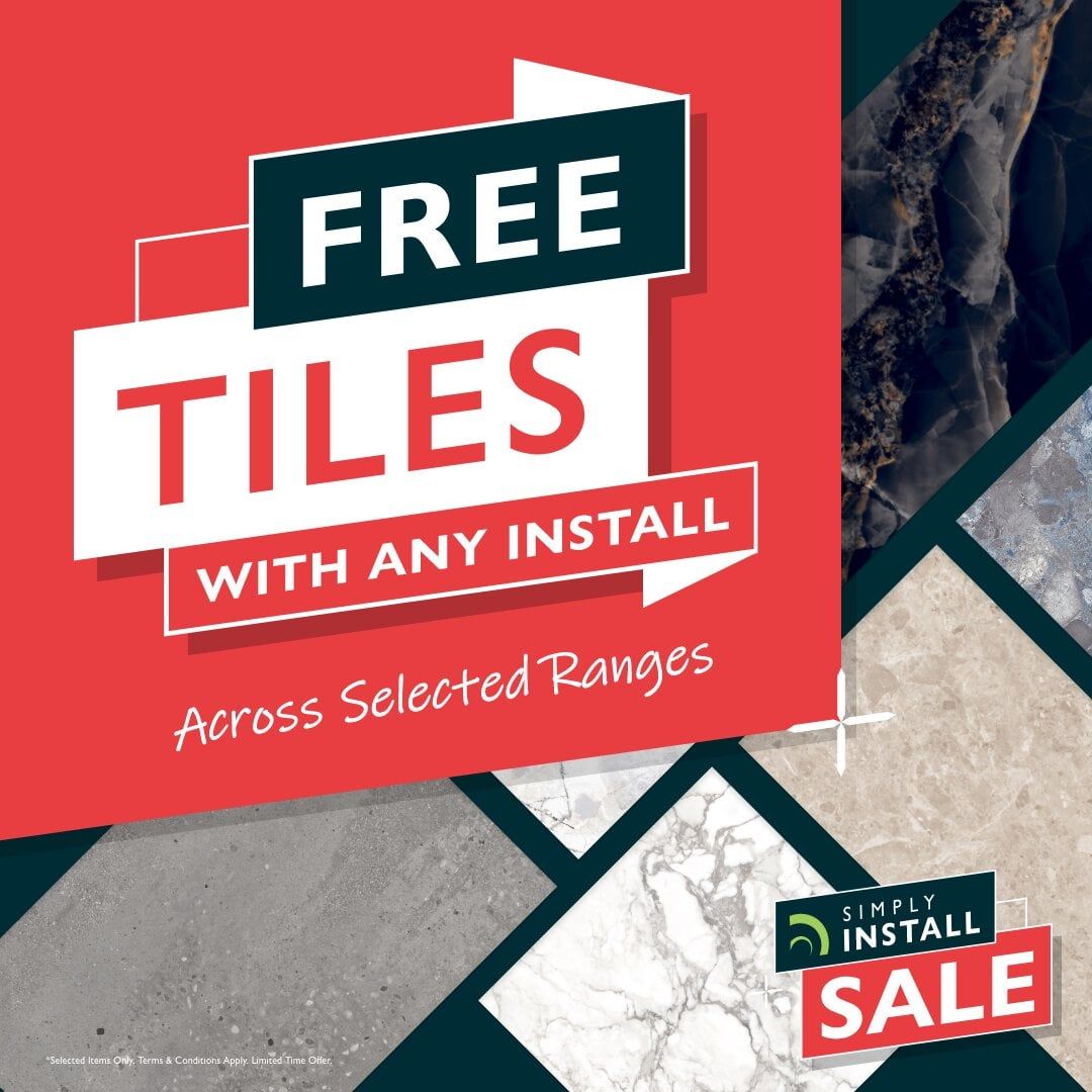 Promotional graphic advertising free selected tiles with an Easy Bathrooms installation.