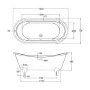 Technical drawing of a double ended bath with detailed dimensions