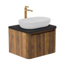 Wish Ribbed Wall Hung Vanity Unit in Walnut with Black Worktop 600mm