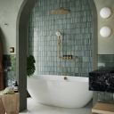 Aqualisa S3 Brushed Gold Smart Digital Shower Triple Outlet (Slide Rail Kit with Fixed Wall Head) HP/Combi Displayed in a modern roomset with teal tiles