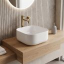 white gloss square countertop basin with curved corners
