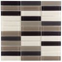 Side angle view of the Irene Eggshell Grey linear glass mosaic tile sheet displayed on a dark board