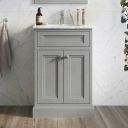 White marble bathroom readitionally styled, featuring the Richmond Light Grey Floor Standing Traditional Vanity Unit with White Marble Top 600mm