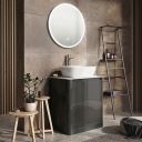 Stylish roomset image of the Callerton Titanium Grey Floor Standing Vanity Unit with White Marble Worktop 550mm