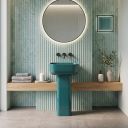 modern mint green blue modern bathroom with glossy square top full pedestal basin in teal