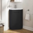 Clean roomset showcasing the Ellis Black Floor Standing Corner Vanity Unit 410mm