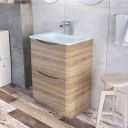 Erin Light Oak Floor Standing Vanity Unit with White Glass Basin 600mm