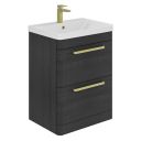 Esk Black Floor Standing Vanity Unit and Basin with Brushed Gold Handles 600mm