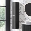 modern marble roomset showcasing the Soar Ribbed Black Wall Mounted Tall Storage Cabinet