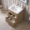 Traditional setting showing the Hayward Natural Oak Ribbed Floor Standing Vanity Unit 600mm open