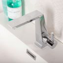 Close up lifestyle image in a neutral bathroom showing the Cacia Chrome Basin Mixer Tap & Waste